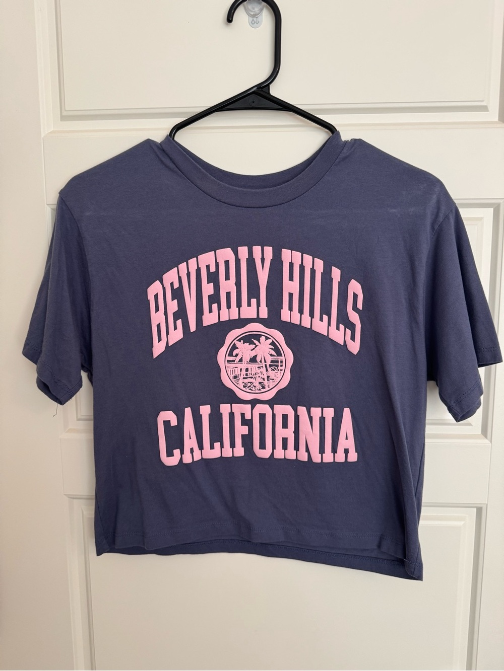Beverly Hills California Cropped Graphic Tee - Navy with Pink Print